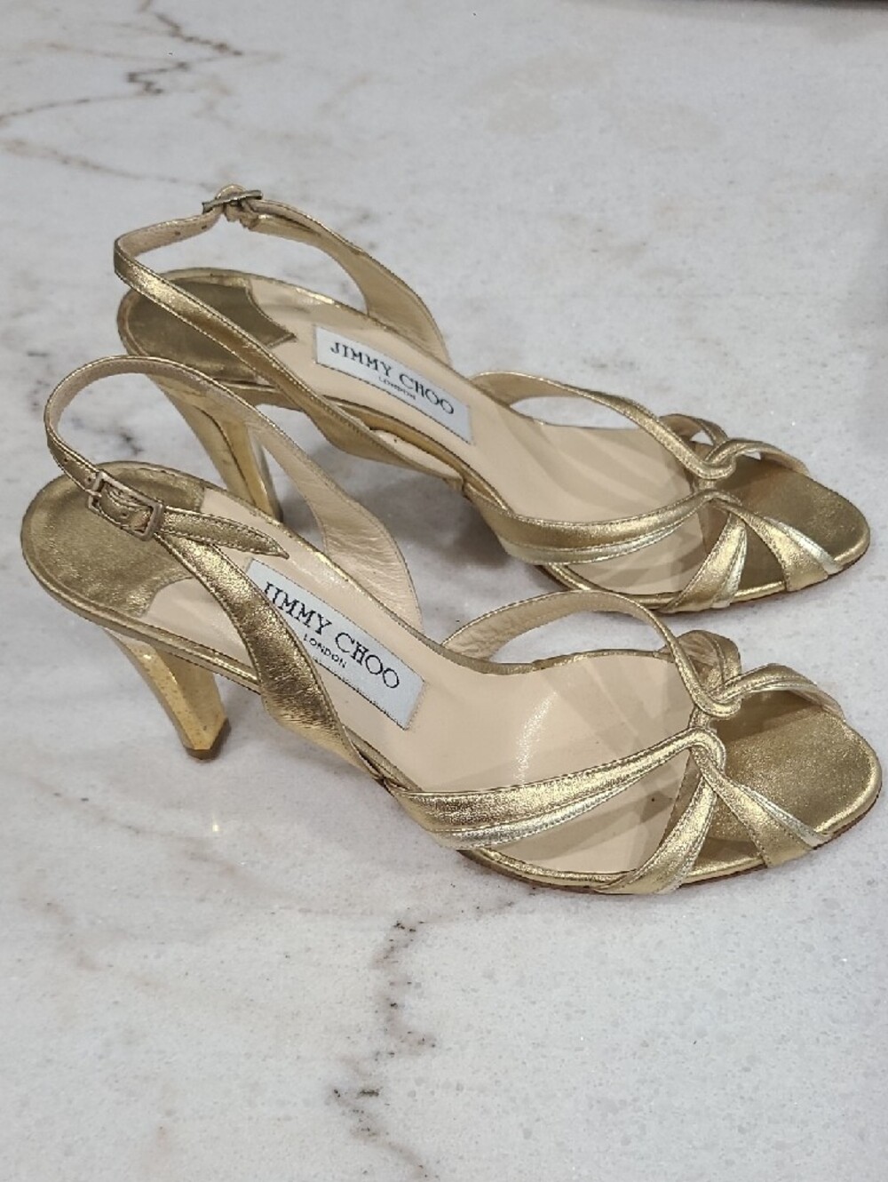 Jimmy Choo Metallic Gold Strappy Slingback Heels 3.5" Heel - Picture 4 of 9